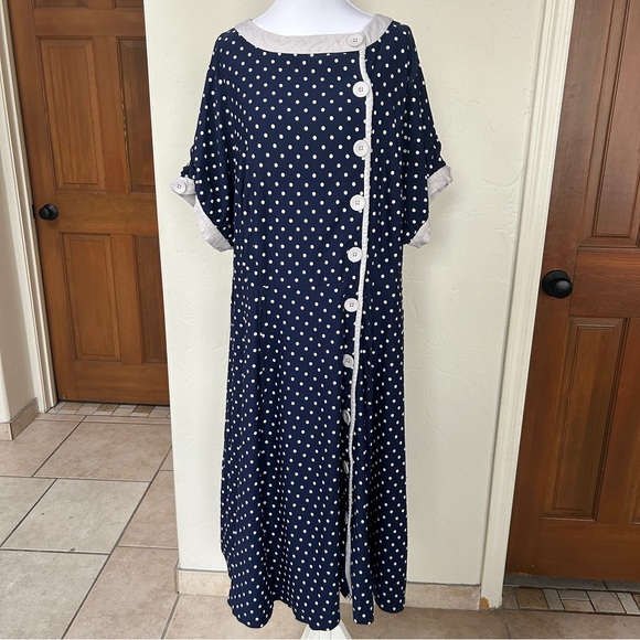 Unique Vintage 1950s Retro Plus Size Polkadot Button Blue Swing Dress, 3X / 20 - Picture 4 of 11